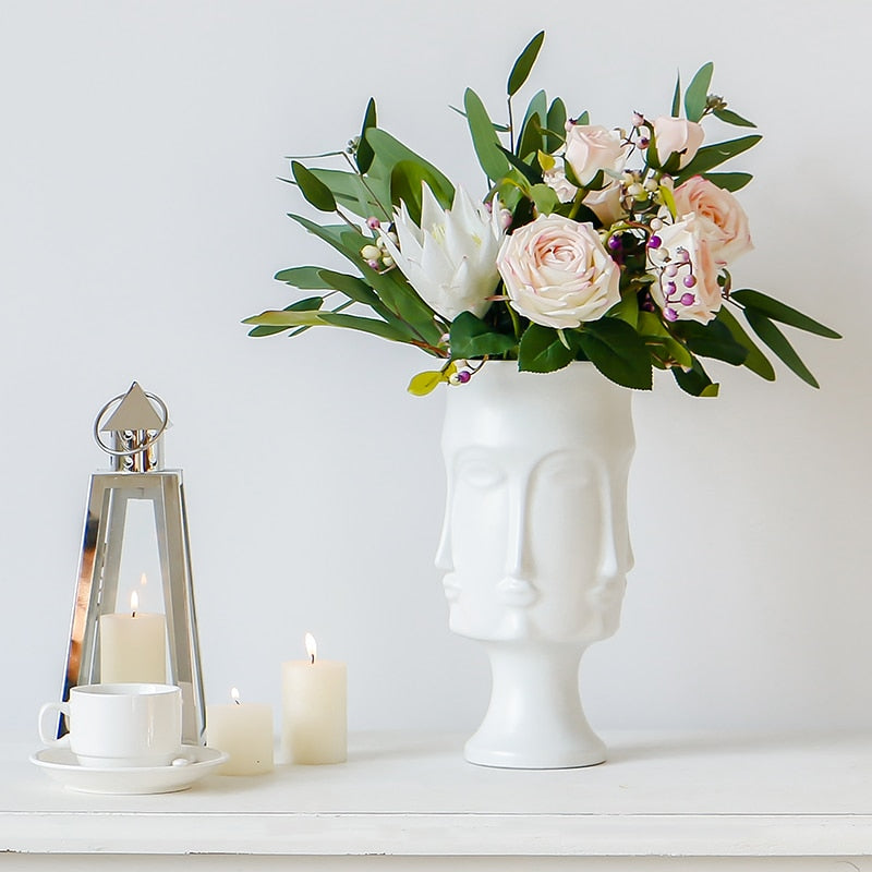 Creative Face Ceramic Vase Flowers, Artificial Flowers, Decorative White Vase Nordic Decoration Home