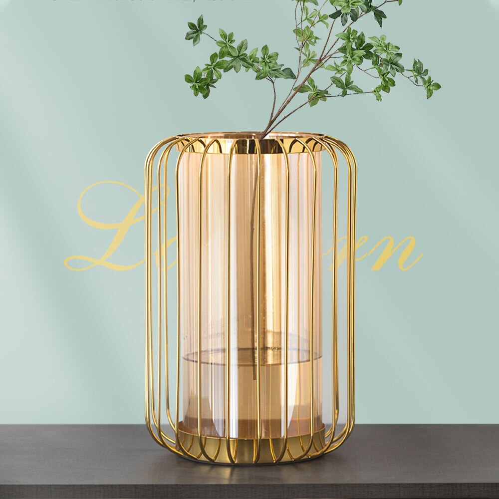 Golden Glass Vase Metal Flower Arrangement Decoration Lantern Water Storage Vase Model Home Modern Luxurious Room Decoration