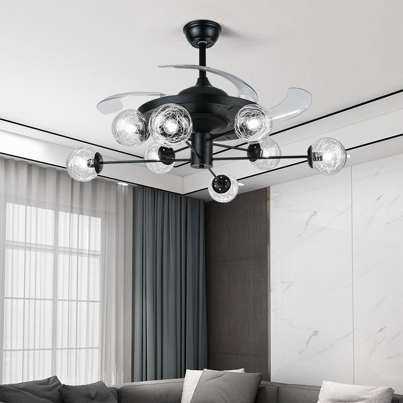 Lamp Led Celing Fan Pendant Light Chandelier Art Nordic With Brown Glass Lampshade Black For Living Room Bedroom Bar