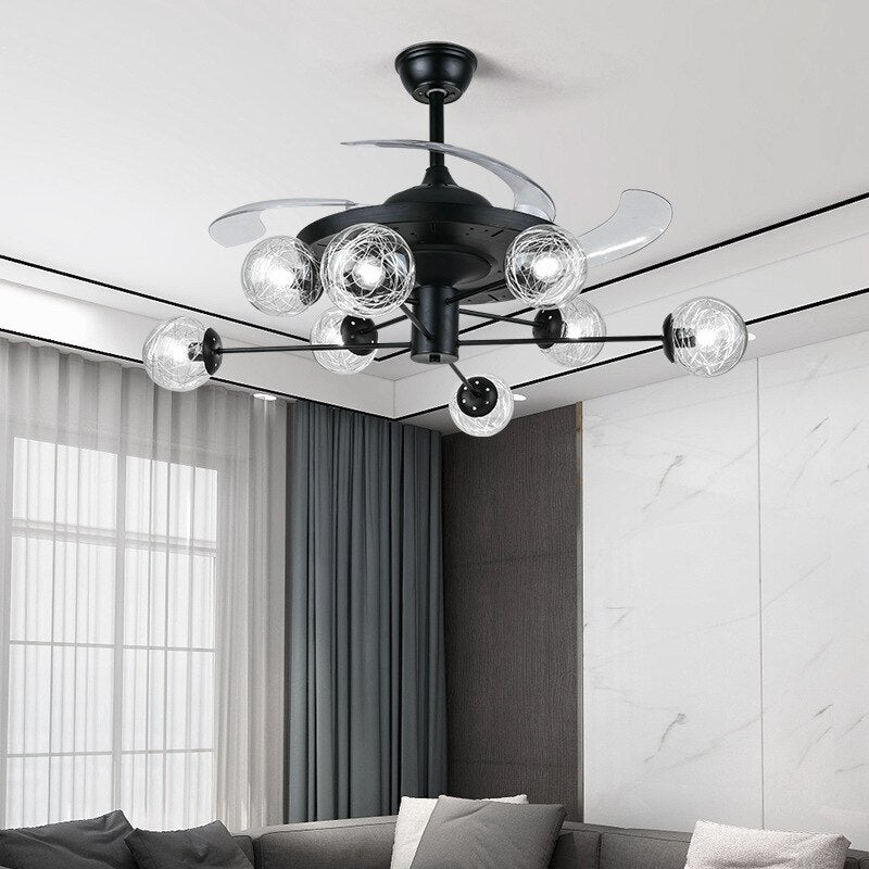 Art Led Celing Fan Pendant Lamp Light Chandelier Nordic With Brown Glass Lampshade Black For Living Room Bedroom Bar