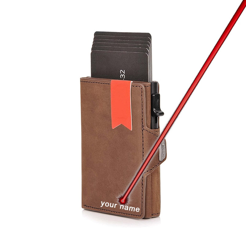 Pop-Up Credit Card Case with RFID Protection Genuine Leather Wallet with Compartment for Notes and Coins for Men and Women