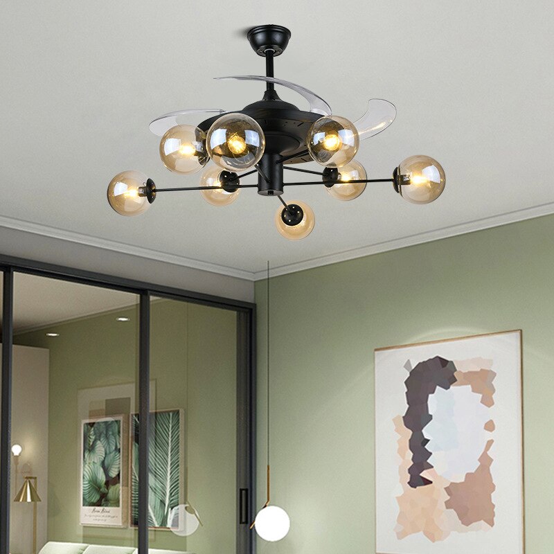 Art Led Celing Fan Pendant Lamp Light Chandelier Nordic With Brown Glass Lampshade Black For Living Room Bedroom Bar
