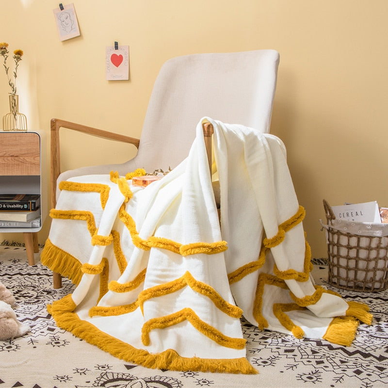 Tassles Blanket Sofa Knit Throw Blanket Mustard Pink Soft fringed Blanket Travel 130x160cm Home Sofa Chair Couch Bed 50"x62"