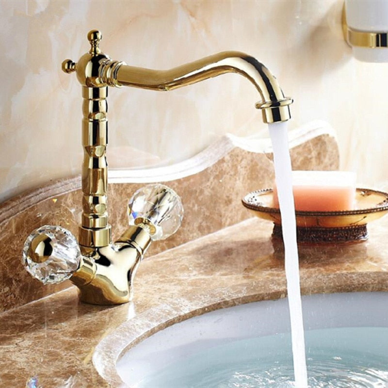 Retro Golden Basin Faucet Crystal Double Handle Basin Mixer Tap Noble Gorgeous Swivel Basin Sink Faucet