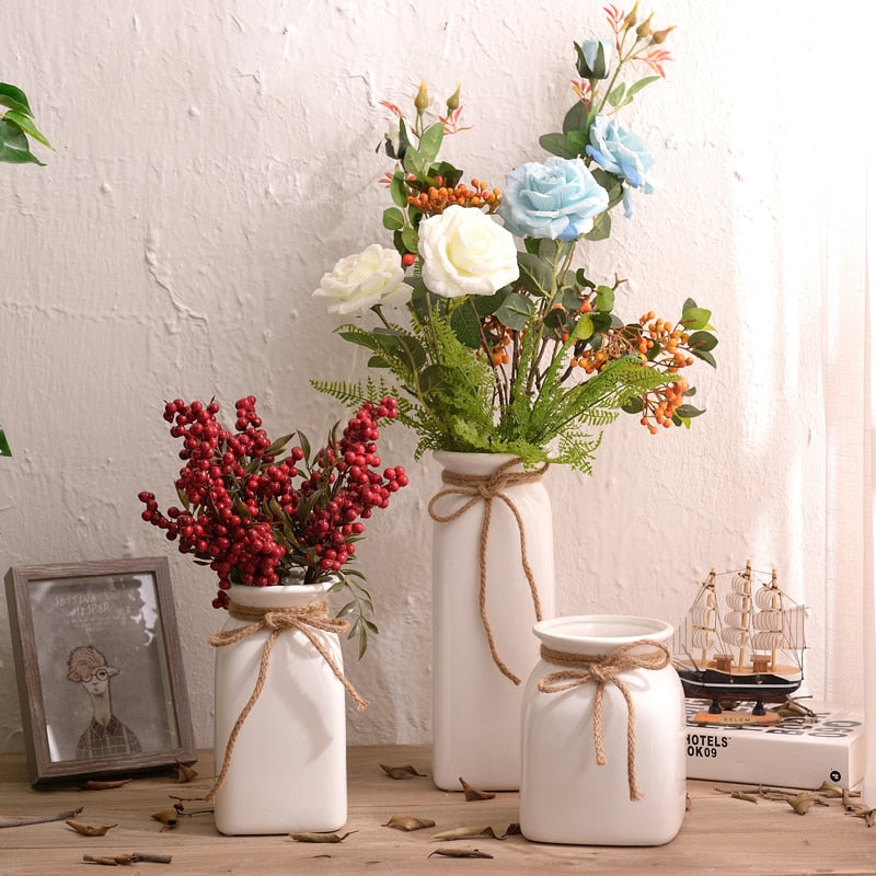 1pc Minimalist White Flower Vase Ceramic Vase with Hemp Rope Home Decoration Desktop Vase Dried Flower Container Pot