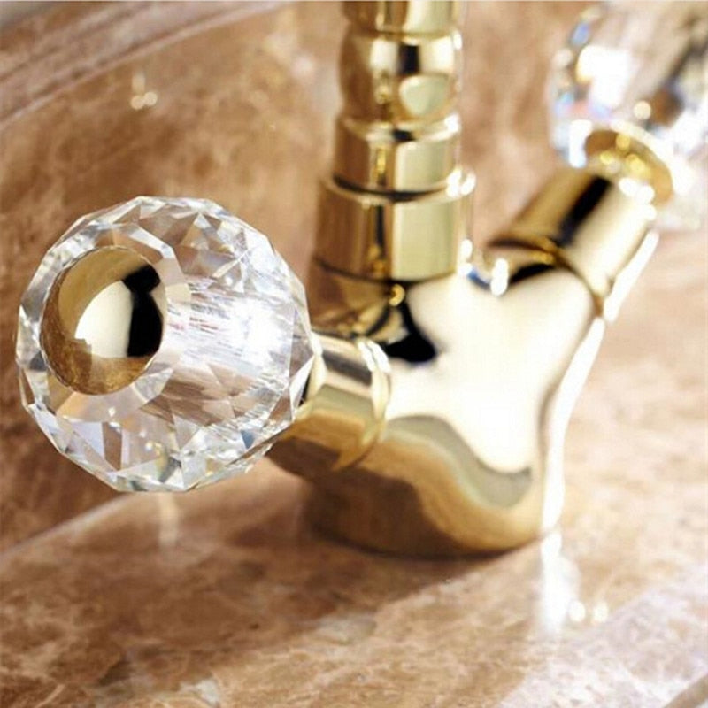 Retro Golden Basin Faucet Crystal Double Handle Basin Mixer Tap Noble Gorgeous Swivel Basin Sink Faucet