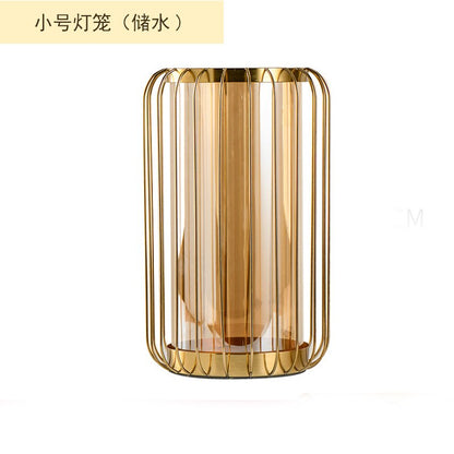 Golden Glass Vase Metal Flower Arrangement Decoration Lantern Water Storage Vase Model Home Modern Luxurious Room Decoration