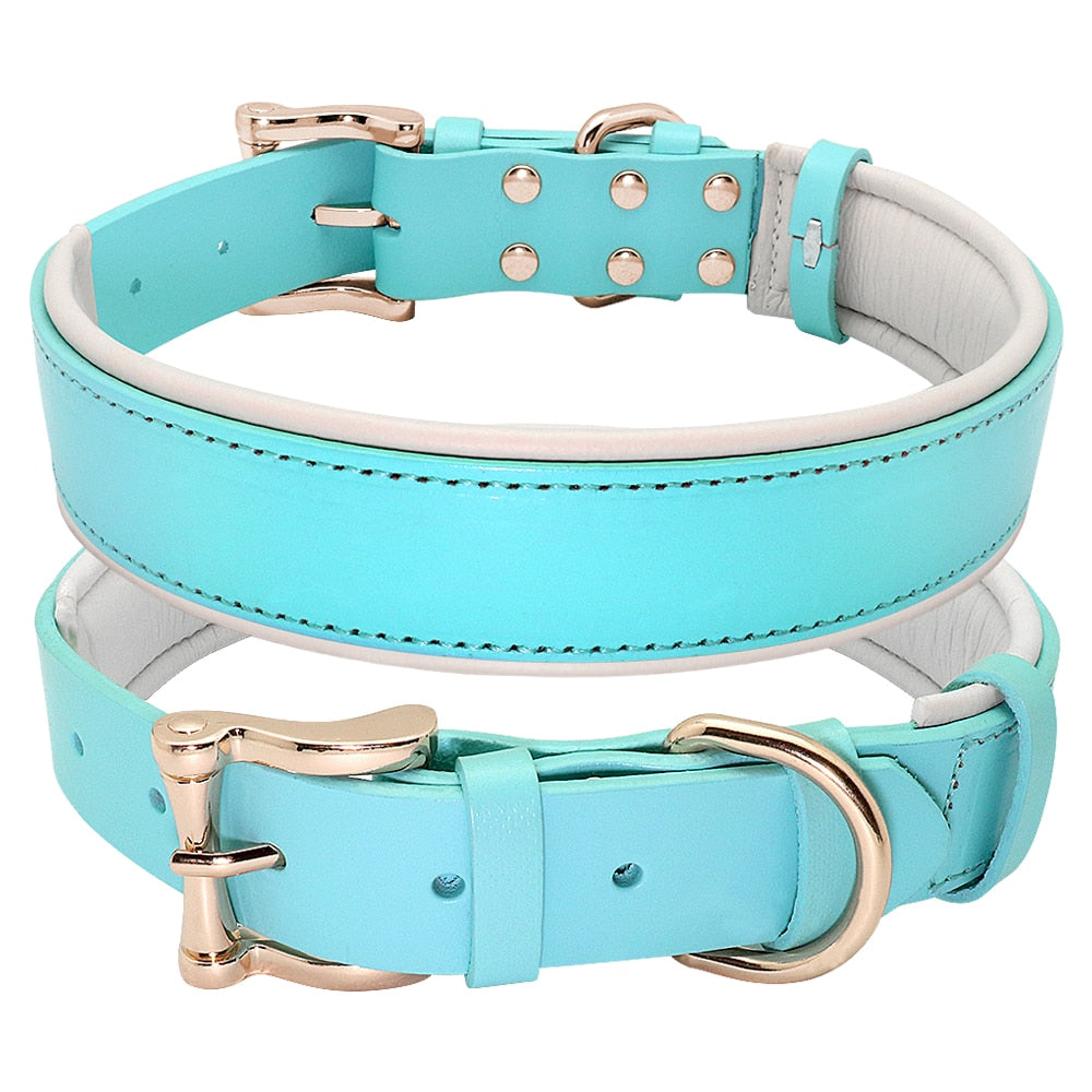 Dog Collar Leather Collares Para Perro Big Dog Collars Solid Adjustable Padded Pet Puppy Collar for Small Medium Large Dog Blue