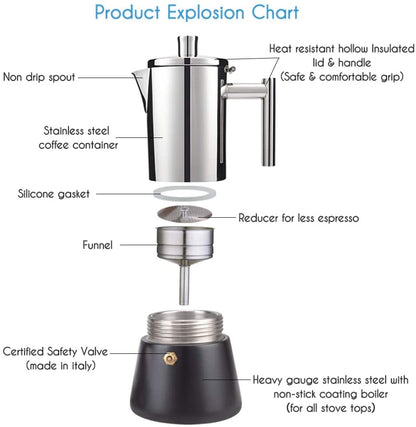 300/500ML 304 Stainless Steel Coffee Geyser Maker Stove Top Induction Cooker Espresso Moka Pot Italian Coffee Machine