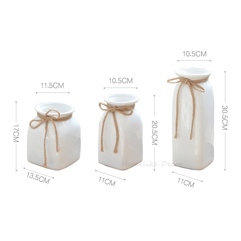 1pc Minimalist White Flower Vase Ceramic Vase with Hemp Rope Home Decoration Desktop Vase Dried Flower Container Pot