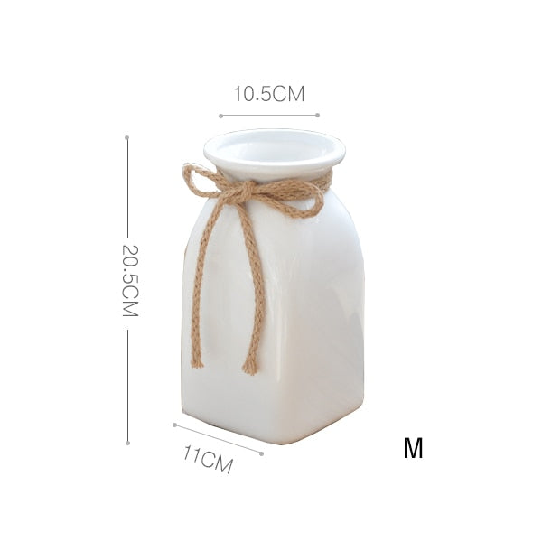 1pc Minimalist White Flower Vase Ceramic Vase with Hemp Rope Home Decoration Desktop Vase Dried Flower Container Pot