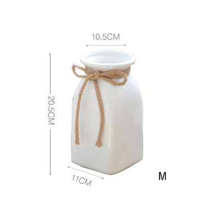 1pc Minimalist White Flower Vase Ceramic Vase with Hemp Rope Home Decoration Desktop Vase Dried Flower Container Pot