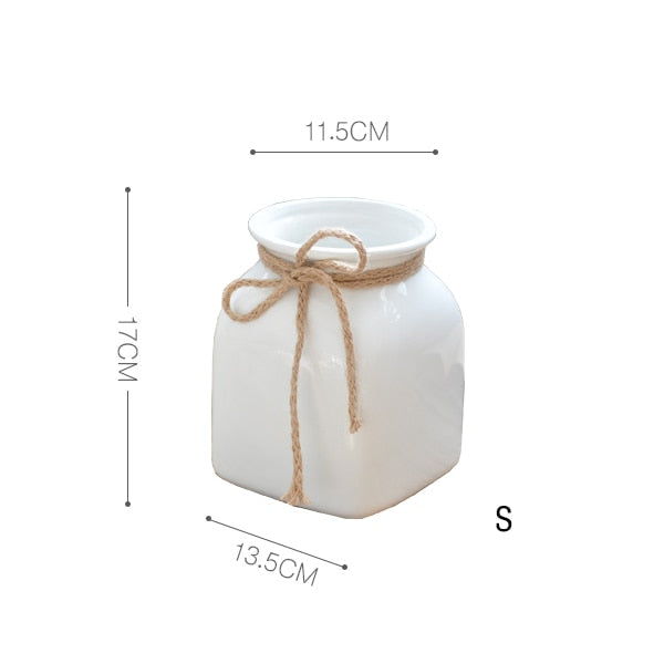 1pc Minimalist White Flower Vase Ceramic Vase with Hemp Rope Home Decoration Desktop Vase Dried Flower Container Pot