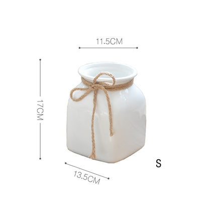 1pc Minimalist White Flower Vase Ceramic Vase with Hemp Rope Home Decoration Desktop Vase Dried Flower Container Pot
