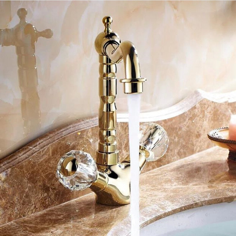 Retro Golden Basin Faucet Crystal Double Handle Basin Mixer Tap Noble Gorgeous Swivel Basin Sink Faucet
