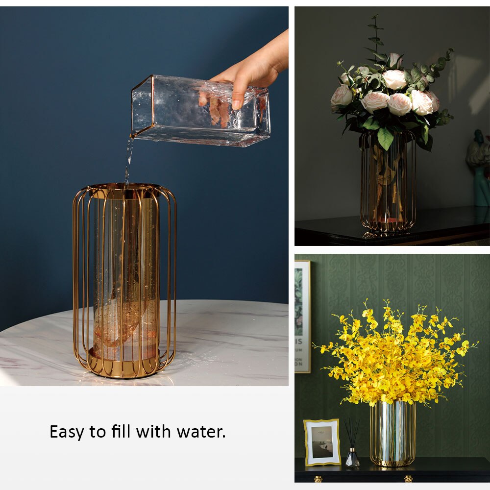 Golden Glass Vase Metal Flower Arrangement Decoration Lantern Water Storage Vase Model Home Modern Luxurious Room Decoration