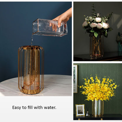 Golden Glass Vase Metal Flower Arrangement Decoration Lantern Water Storage Vase Model Home Modern Luxurious Room Decoration