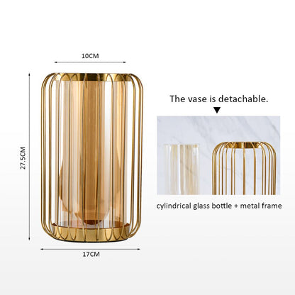 Golden Glass Vase Metal Flower Arrangement Decoration Lantern Water Storage Vase Model Home Modern Luxurious Room Decoration